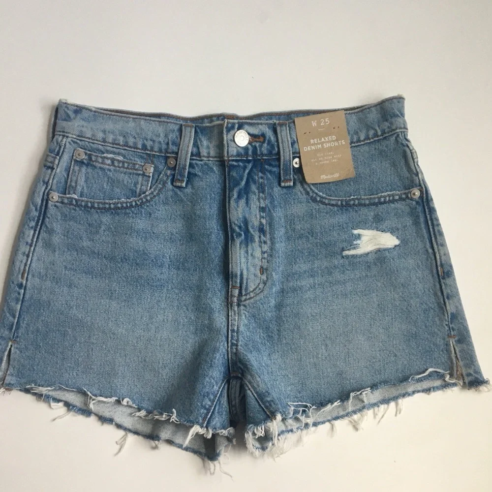 Madewell Relaxed Side-Slit Edition Raw Hem Denim Jean Shorts Madera Wash Size 25
